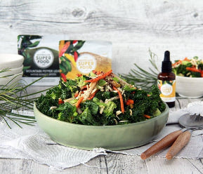 Kale, Broccoli & Pear Summer Salad with Finger Lime, Coconut & Mountain Pepper Leaf Dressing