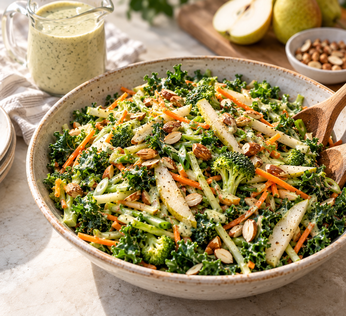 Kale, Broccoli & Pear Summer Salad with Finger Lime, Coconut & Mountain Pepper Leaf Dressing